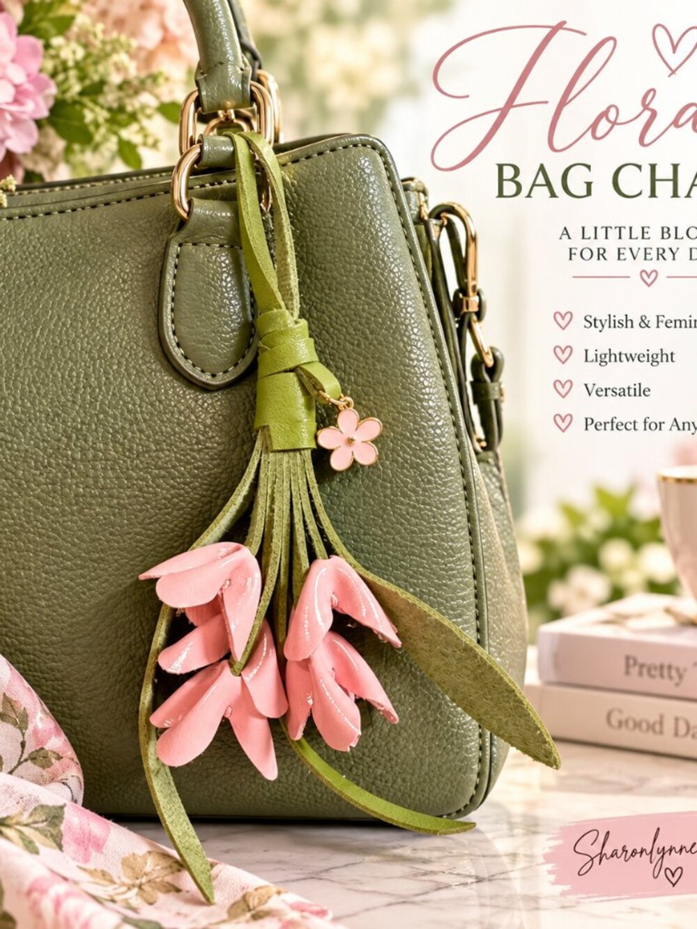 🌸 Leather Pink Flower Tassel Purse Charm – Handbag Accent